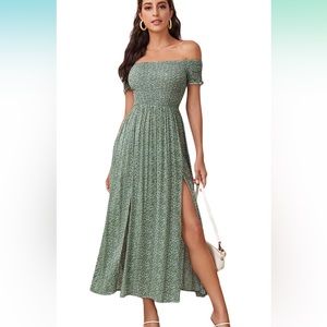 Light Green Women's Boho Floral Print Off Shoulder Split Long A Line Dress